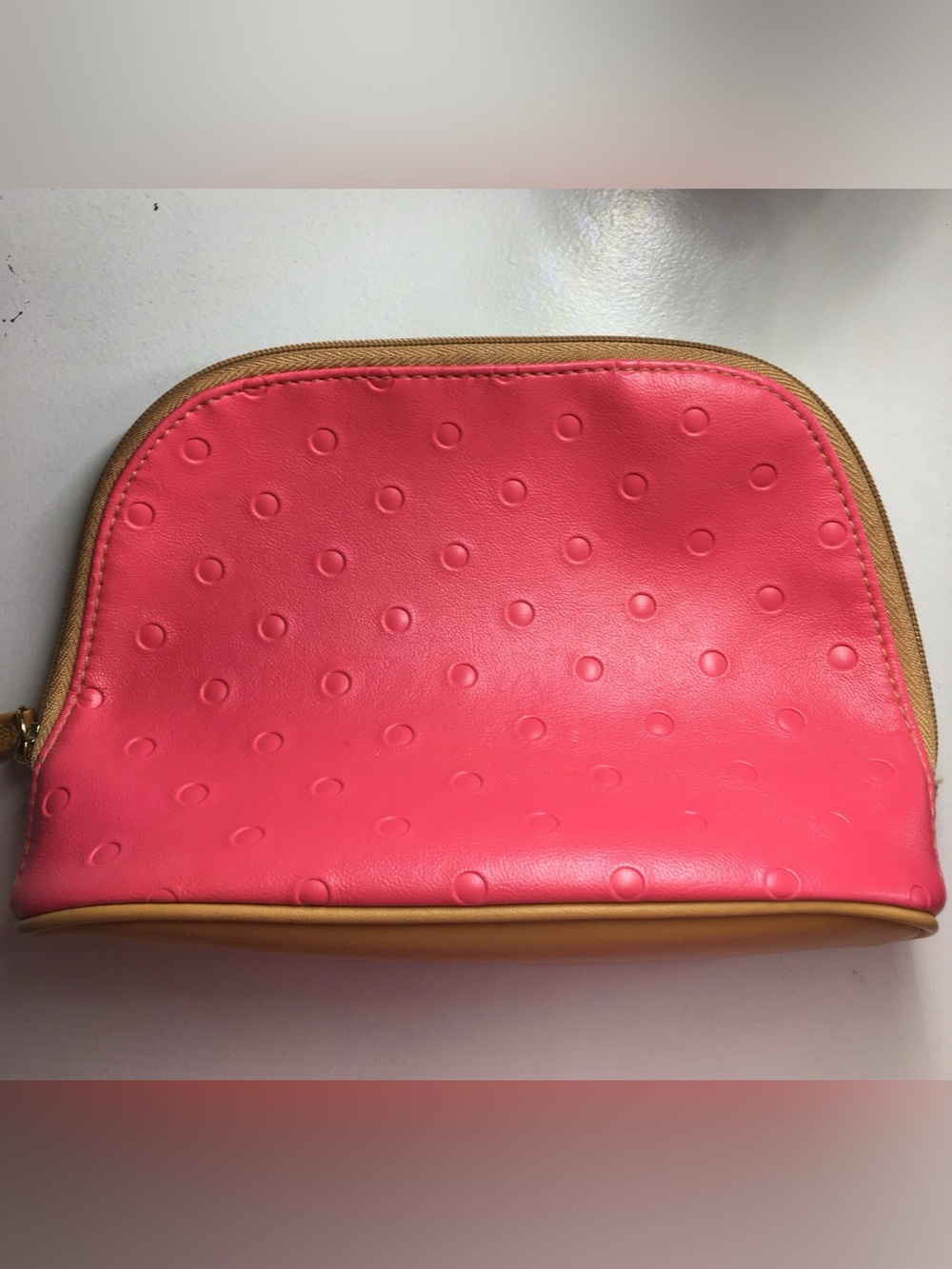 Estee Lauder Coral Pink Dot Cosmetic Bag with Tan Trim